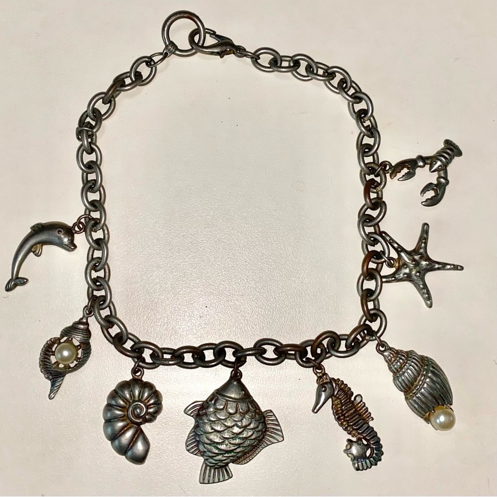 Vintage Ocean Beach Charm Necklace Lobster Seahorse Shells Chunky